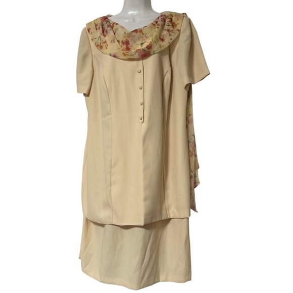 Megan Lee Butter Yellow Dress SZ 20W Floral Scarf Chic Feminine Career - Picture 1 of 11